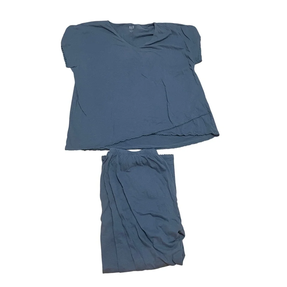 Eileen Fisher Garnet Hill Organic Cotton Pajama Set Blue XL V-Neck Picot Trim